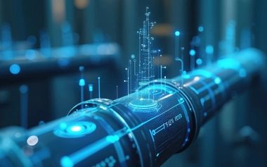 Blue digital data graphics projected onto a metallic industrial pipeline.