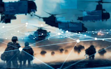 Military helicopters and personnel with digital network graphics overlay