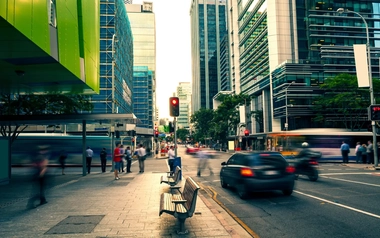 Buildings frame a vibrant Brisbane street