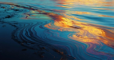 Sunlit reflections creating swirling, colorful patterns on shallow water along a seashore