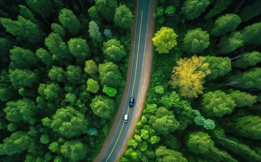 aerial view of asphalt road surrounded by trees