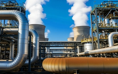 Industrial power plant with cooling towers emitting steam.