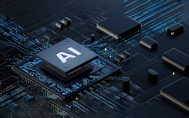 Close-up of a computer motherboard featuring a central chip labeled AI