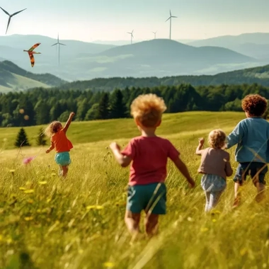 children playing in a wind farm