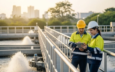 Two workers in safety gear stand beside treatment tanks while viewing a tablet