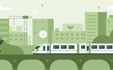 Vector illustration of a train going across a bridge in a green city