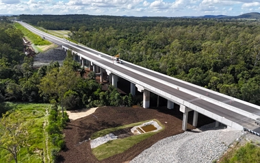 Six Mile Creek bridge progress with permanent bio-retention basins installed