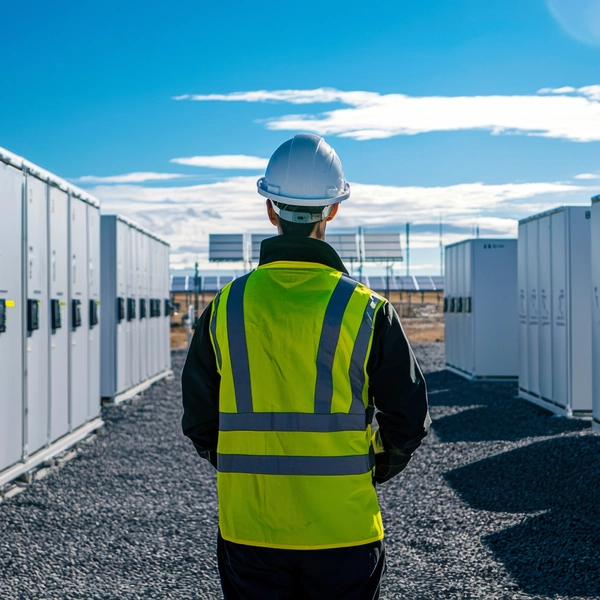 Person in high‑visibility vest and hard hat walking between rows of outdoor battery storage units