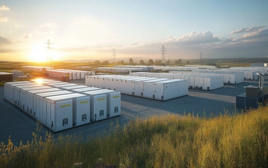Battery storage units outdoors at sunset