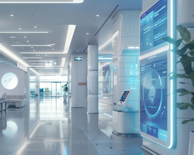 Hospital setting with blue digital elements. 