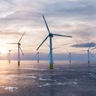 Offshore wind power and energy farm with many wind turbines on the ocean