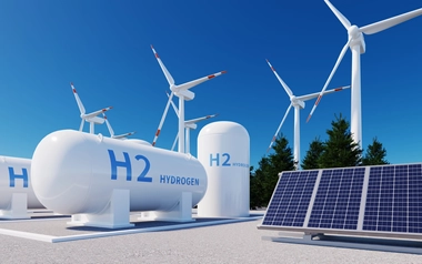 h2 hydrogen tank, solar panels and wind power turbines, 3d rendering