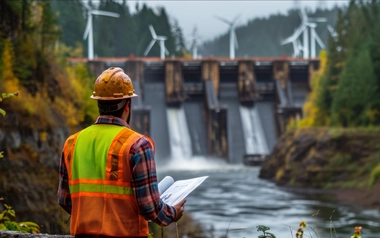 A worker wearing a safety vest and helmet studies documents near a hydroelectric dam